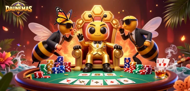 Experience thrilling gaming at DAUNEMAS with a vibrant poker scene illustrated in stunning 3D detail.