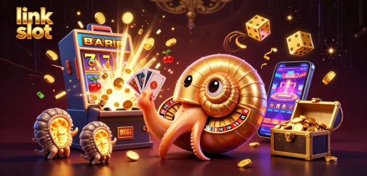 Menangkan peluang dengan link slot yang menarik, ditampilkan bersama simbol keberuntungan dan mesin slot berkilau.