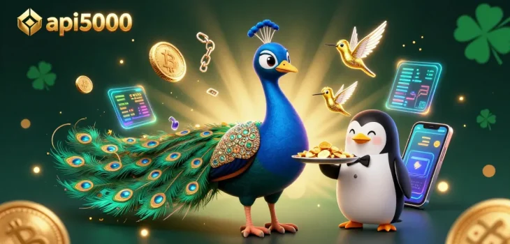 Memenangkan permainan api5000 dengan simbol slot, karakter 3D, dan uang kripto yang bersinar.