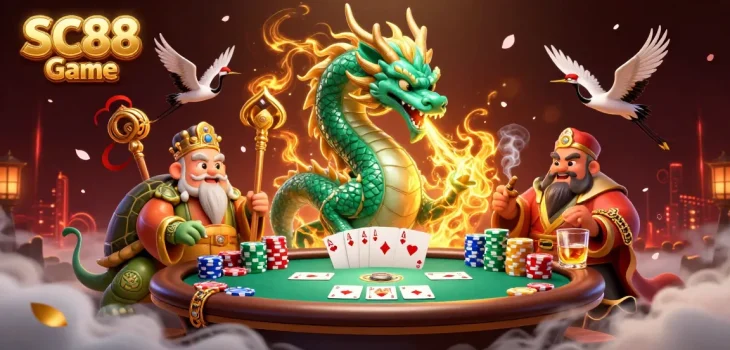 Experience thrilling action with SC88 Game as a dragon, turtle sage, and lucky cranes engage on a lively poker table.
