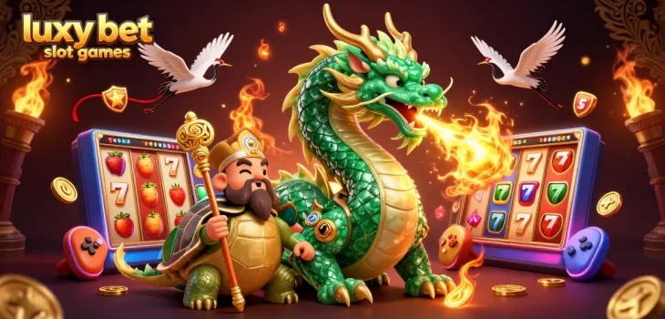 Engage with luxy bet slot games featuring a dragon, turtle sage, and lucky cranes in a vibrant casino setting.