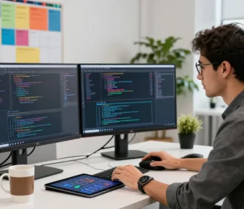 Ruang kerja kreatif untuk pengembang perangkat lunak dengan monitor kode dan suasana yang penuh semangat, halte4d di meja modern.