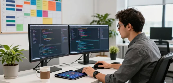 Ruang kerja kreatif untuk pengembang perangkat lunak dengan monitor kode dan suasana yang penuh semangat, halte4d di meja modern.