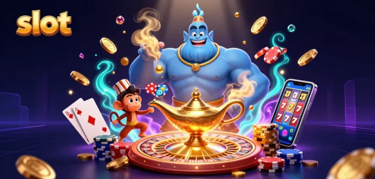 Menangkan slot di WSLOT888 dengan genie yang keluar dari lampu dan koin emas beterbangan.