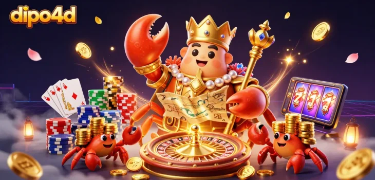 Dipo4d menghadirkan ilustrasi kasino 3D dengan kepiting emas raksasa dan berbagai elemen permainan menawan.