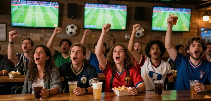 Join the excitement and ضغط هنا للمشاهدة live football matches with enthusiastic fans in a vibrant sports bar atmosphere.
