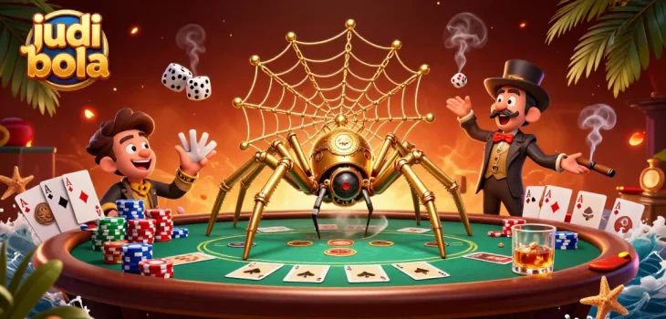 Play judi bola with a vibrant 3D scene of a steampunk spider ensnaring dice amidst poker chips.
