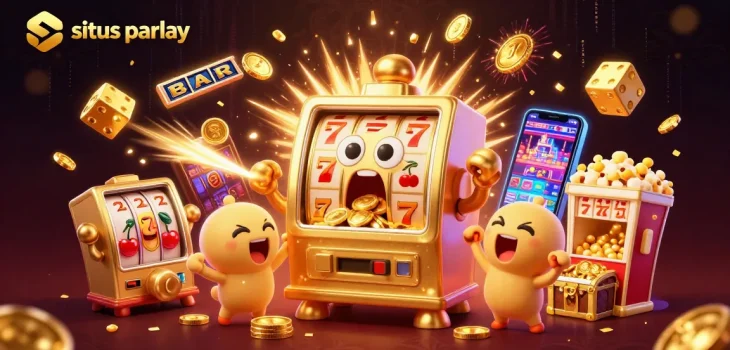 Experience excitement with situs parlay as golden slot machines hit jackpots and coins burst forth.