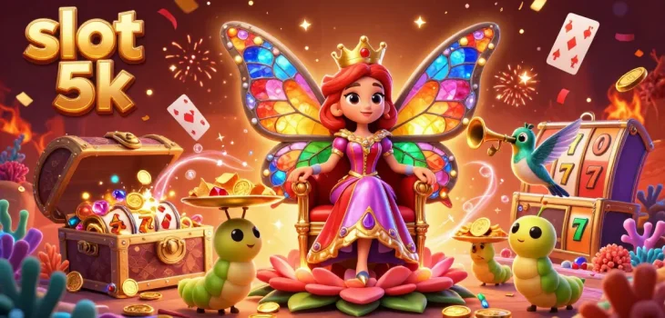 Spin and win with slot 5k, featuring a dazzling butterfly queen amidst vibrant casino elements and golden treasures.