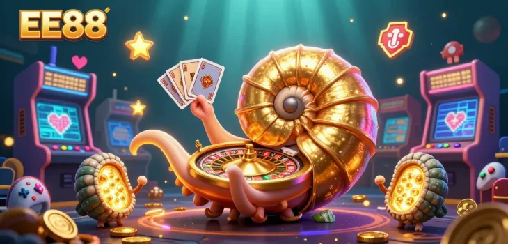 Win big with EE88 at the casino, featuring a giant nautilus roulette wheel and glowing game elements.