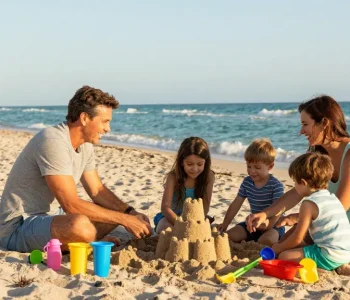 Keluarga menikmati waktu bersama di https://miami4d.com/ dengan bermain di pantai Miami yang cerah.