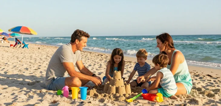 Keluarga menikmati waktu bersama di https://miami4d.com/ dengan bermain di pantai Miami yang cerah.