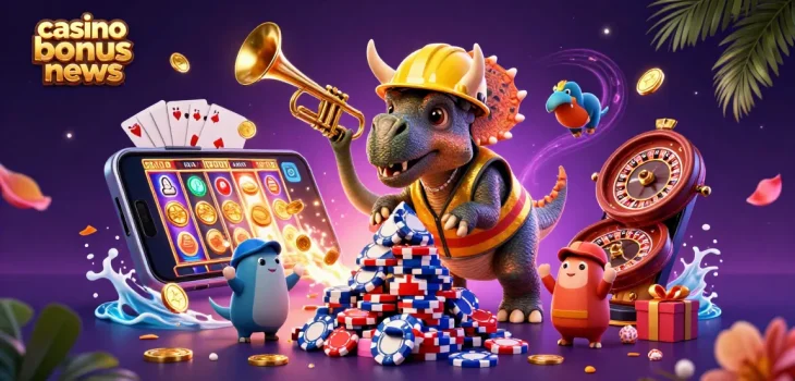 Experience exciting casino bonus news with dynamic characters celebrating and gaming action.