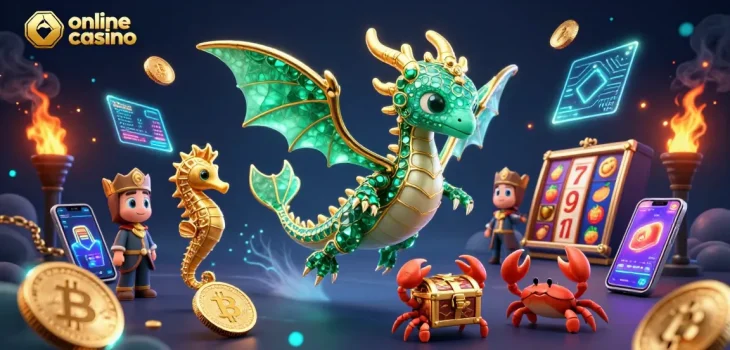 Engage with the vibrant online casino Philippines scene featuring a sea dragon, crypto elements, and slot symbols.