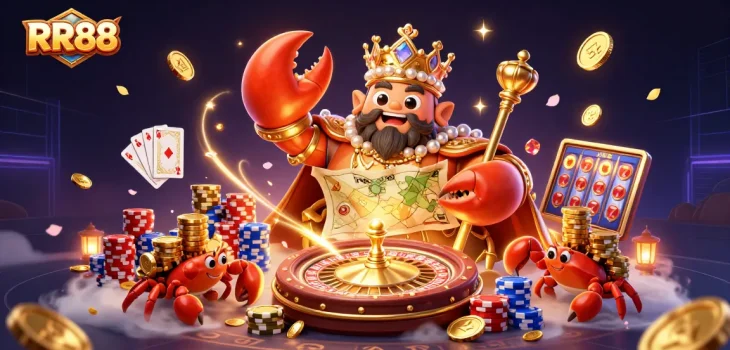 Experience RR88's thrilling casino adventure featuring a golden crab emperor surrounded by sparkling treasures and dynamic gaming elements.