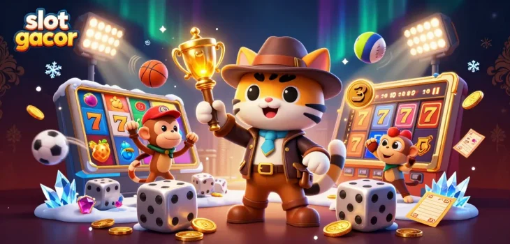 Engage in slot gacor with an adventurous cat and mesmerizing casino artifacts in a vibrant temple.