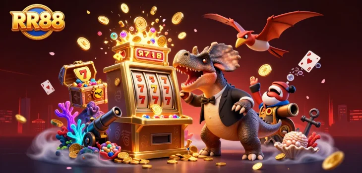 Experience RR88's exciting jackpot wins with a dynamic scene featuring casino characters and vibrant game elements.