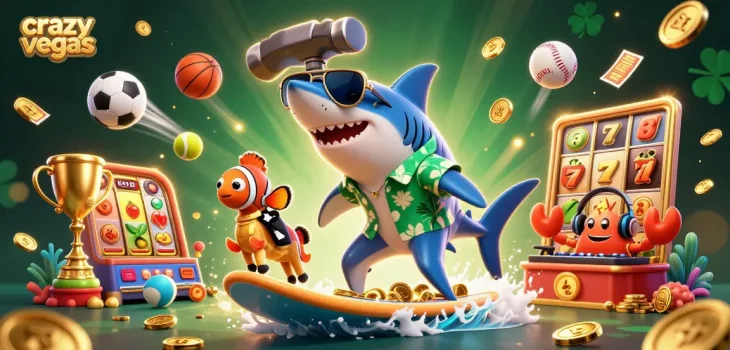 Experience thrilling gaming at crazyvegas with cartoon characters surfing on gold coins amid colorful slot elements.