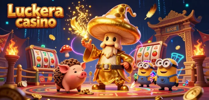 Experience the magic of Luckera casino with a golden mushroom wizard and treasure-seeking pig in this vibrant scene.