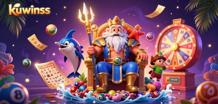 Engage with kuwinss in this dynamic 3D casino scene featuring Neptune and vibrant gaming elements.