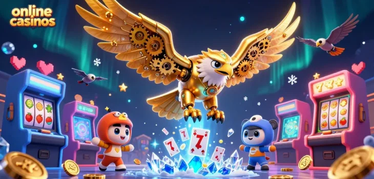 Engage in exciting online casinos with a dynamic 3D scene featuring skilled characters and slot elements.