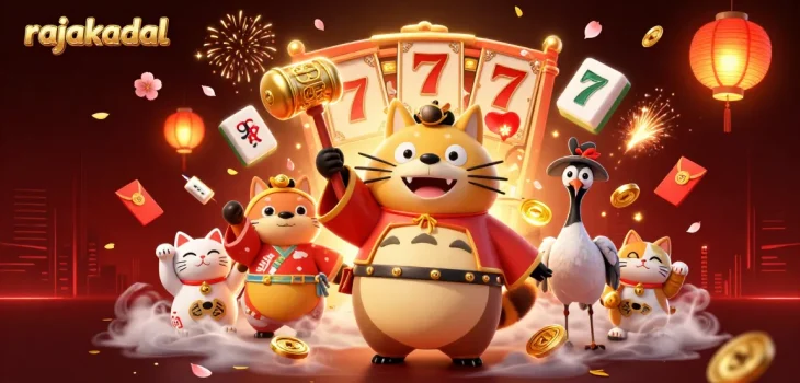 Mengikuti permainan di rajakadal, tanuki ceria membawa palu emas di tengah latar slot dan berbagai simbol keberuntungan yang menyebar.
