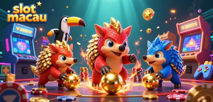 Experience vibrant slot macau action with animated pangolins and casino elements in a dynamic 3D scene.