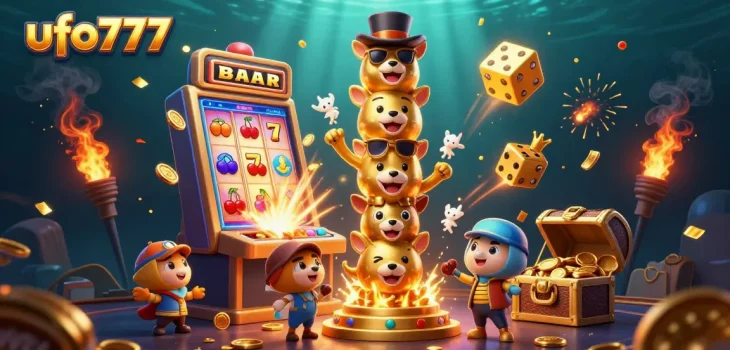 Experience thrilling gameplay with ufo777's vibrant casino scene, featuring dynamic slot machines and exciting characters.