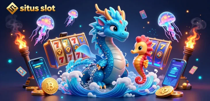 Engage with the exciting situs slot world featuring 3D dragon and seahorse knight amidst vibrant casino elements.