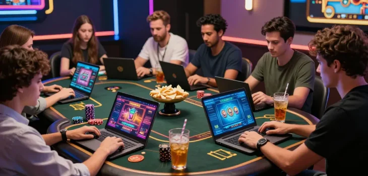 Players enjoying games on https://rokok88.bet with modern technology in a lively casino atmosphere
