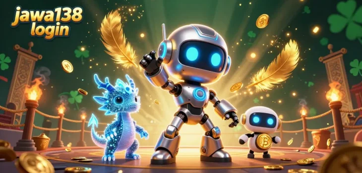 Mengamati dunia permainan dengan jawa138 login, ilustrasi 3D robot futuristik dan teman hologram dalam suasana kasino menarik.