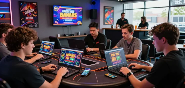 Players engaging with credit card casinos at https://thegbhouse.co.uk/ in a vibrant gaming lounge full of excitement.